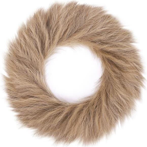 24'' Artificial Pampas Grass Boho Wreath for All Seasons, Light Brown Garland - Picture 1 of 6